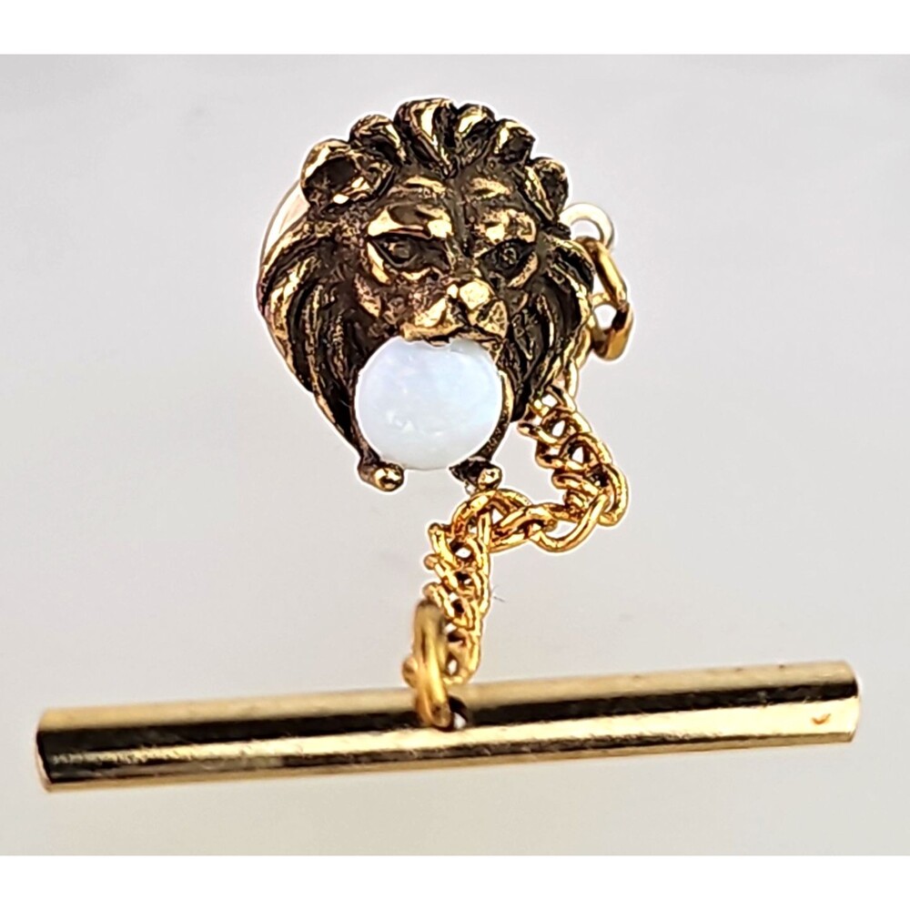 Vintage Signed Swank Gold Tone Lion with Faux Opal in Mouth Tie Lapel Pin .50 in